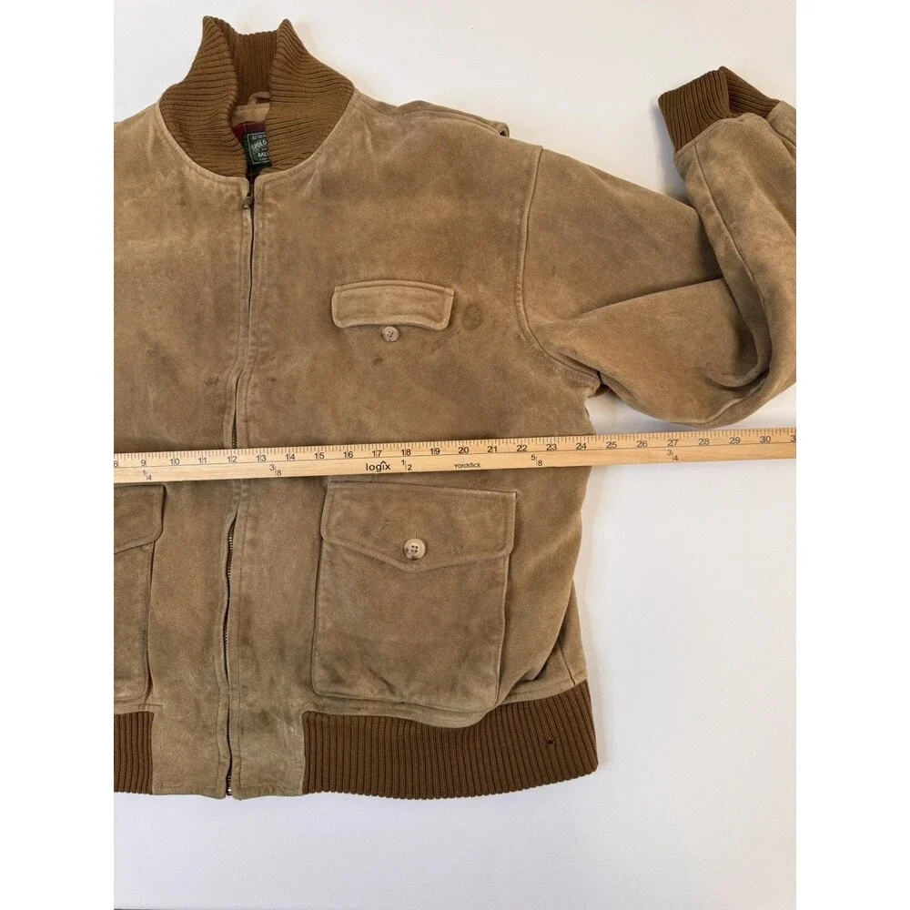 Vintage Polo Country Ralph Lauren Suede Flight Jacket Plaid Lined DISTRESSED XL